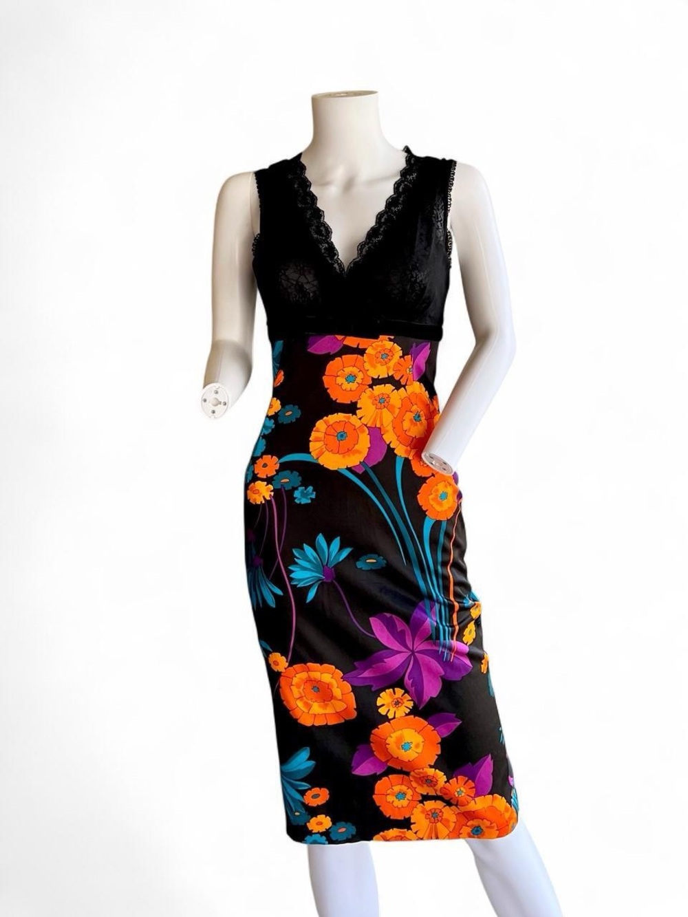 D&G Black Midi Dress with Orange and Purple Floral Print